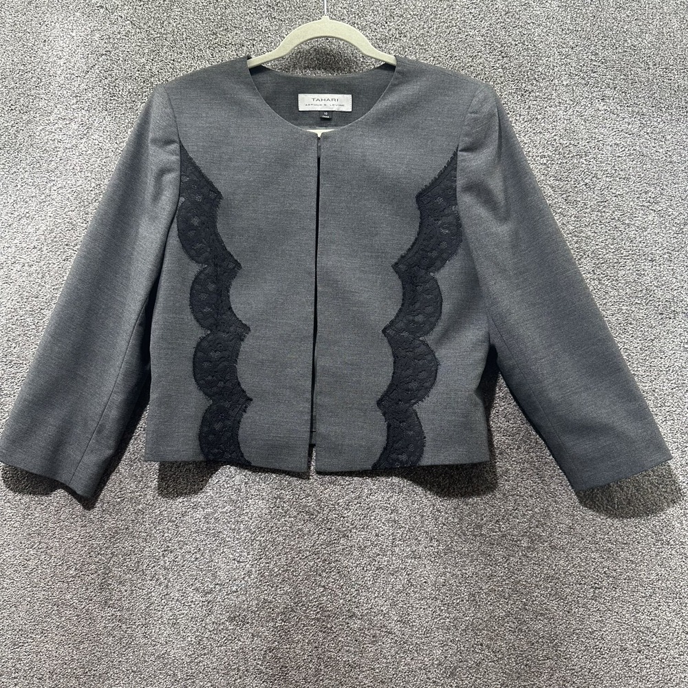 Tahari‎ ASL Blazer Jacket Women 10 Gray Black Lace Single Clasp Lined Office